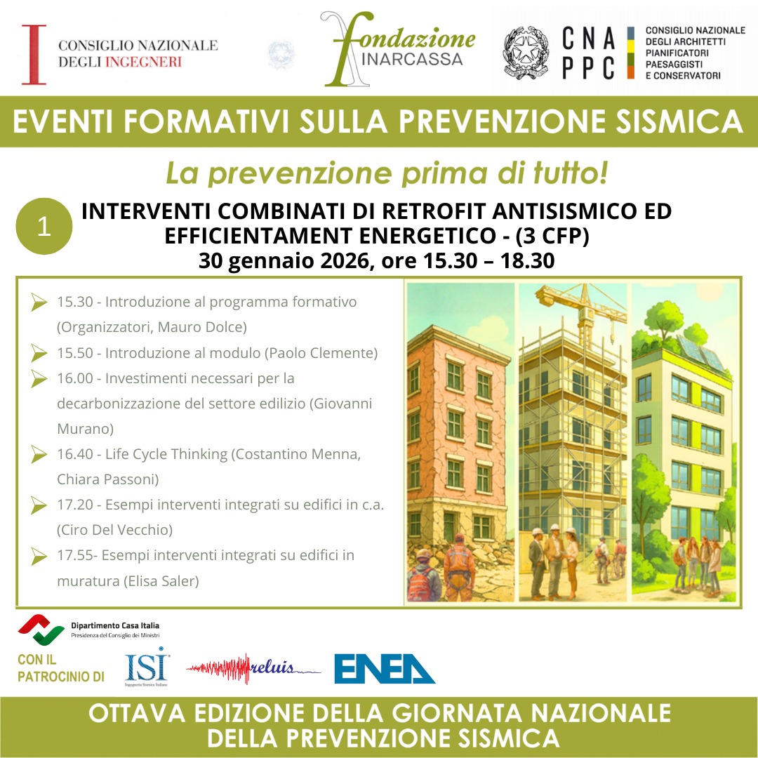 8ª Giornata Nazionale della Prevenzione Sismica: al via il ciclo di webinar di Fondazione Inarcassa, CNI e CNAPPC